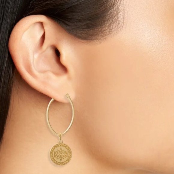 Rebecca Minkoff Etched Coin Hoops Earrings (Gold) Earring - Picture 1 of 6
